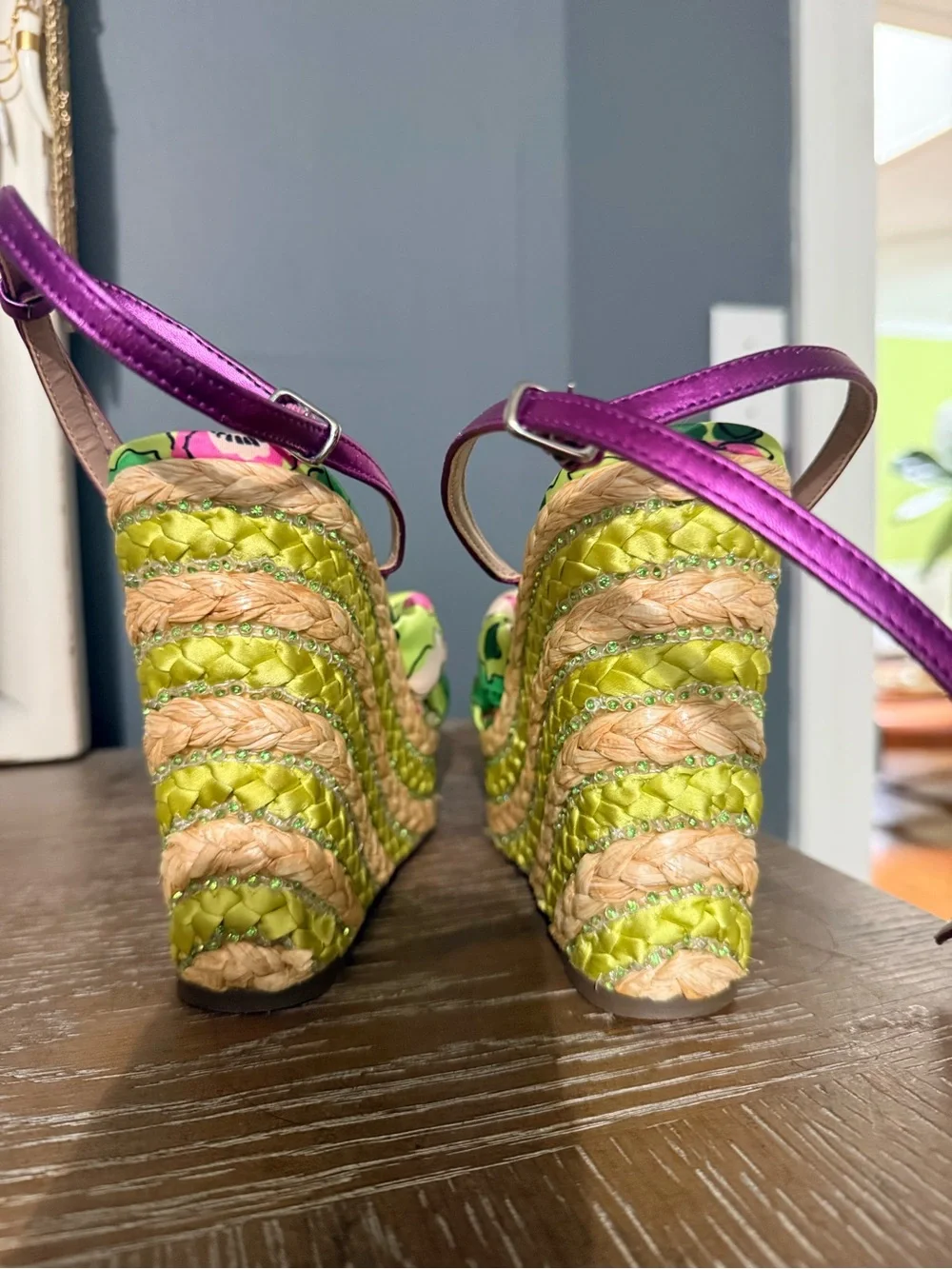 Betsey Johnson Lime Green Floral Platform Wedge Sandals with Pink Accents
